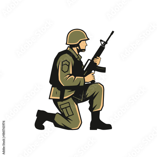 Soldier kneeling with rifle, military uniform, helmet, tactical vest, army, combat, defense, security, war, protection