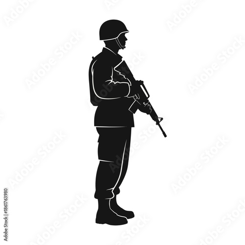 Silhouette of a soldier standing with a rifle, wearing helmet and uniform, isolated on white background.