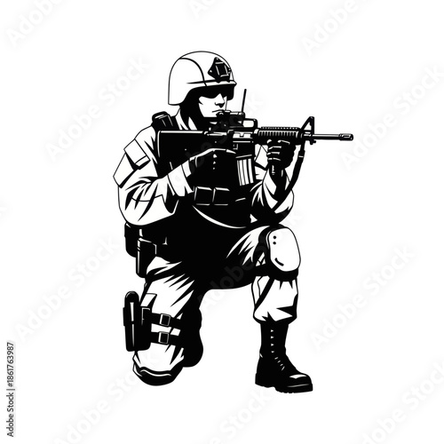 Soldier kneeling with assault rifle, tactical gear, modern warfare illustration