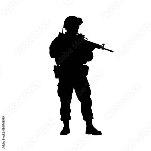 Silhouette of Soldier with Rifle and Helmet, Military Combat Stance