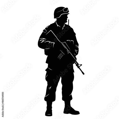 Silhouette of a soldier standing with rifle, military uniform, helmet, and goggles