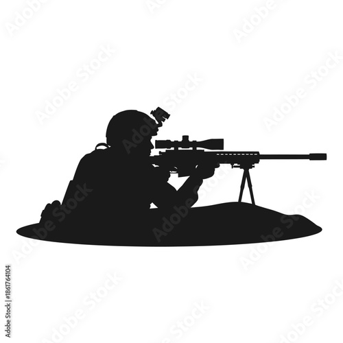 Silhouette of a sniper aiming a rifle from a concealed position, military, tactical, warfare.