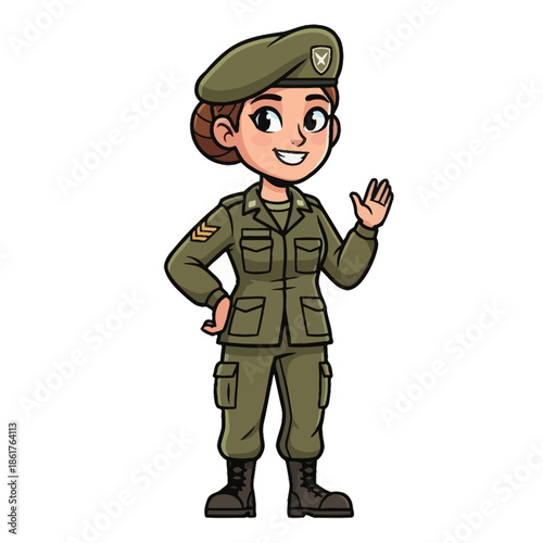 Cartoon Female Soldier Waving Hello, Military Uniform, Friendly Character Icon