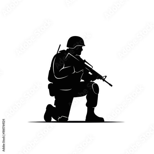 Silhouette soldier kneeling with rifle, military, army, warfare, action, combat, defense, tactical