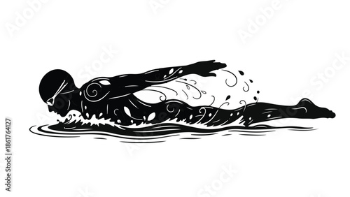 Dynamic swimmer gracefully moving through water with artistic swirling patterns.