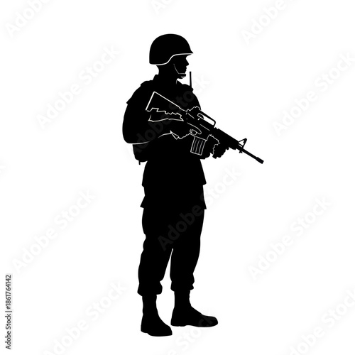 Silhouette of a Soldier Standing with Rifle, Military Concept, Black and White