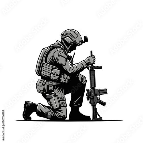 Soldier Kneeling with Rifle - Military Warrior Pose