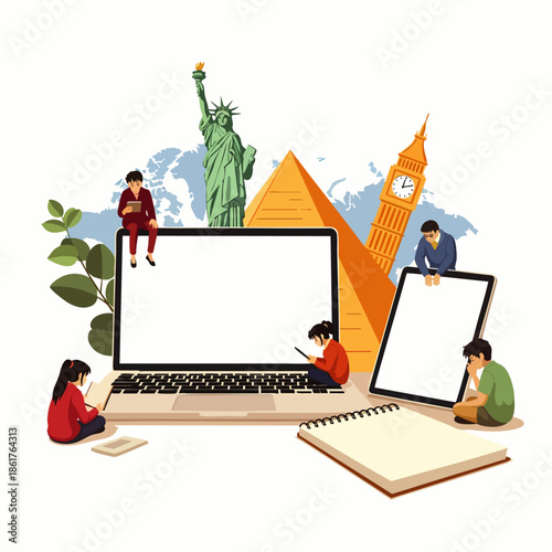 Diverse people learning and exploring global landmarks with technology