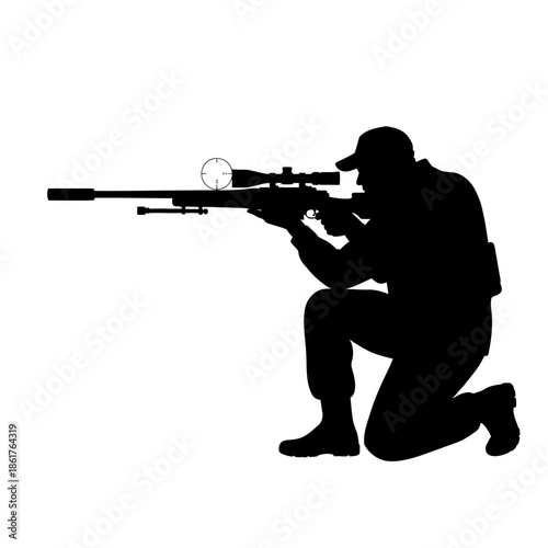Silhouette of a sniper aiming a rifle with a scope, kneeling on white background.