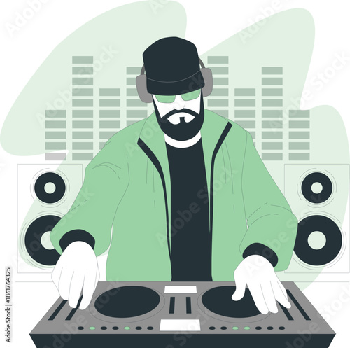 DJ spinning tracks on equipment in a vibrant music environment from a front viewpoint