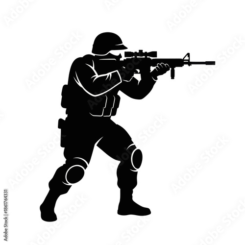 Silhouette soldier aiming assault rifle with scope, tactical gear, combat stance, military vector illustration