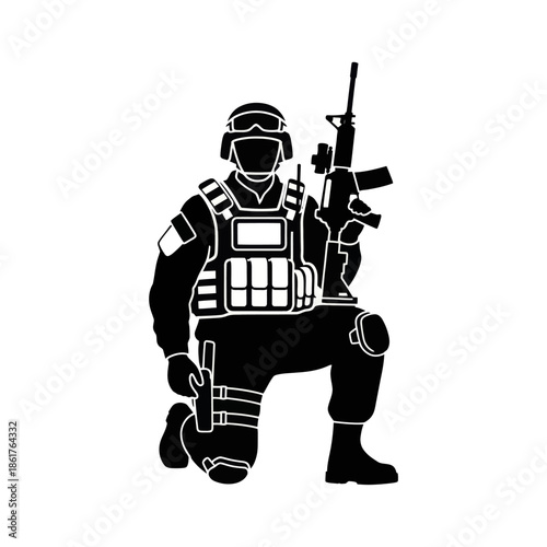 Kneeling Soldier Silhouette with Rifle and Tactical Gear, Black and White