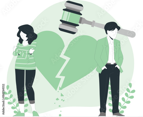 Couple Standing Apart with Broken Heart and Gavel Symbolizing Divorce or Separation