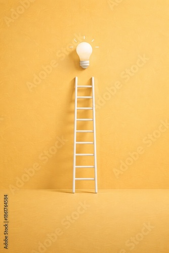 Ladder to Glowing Lightbulb on Yellow Background — Innovation and Success Concept