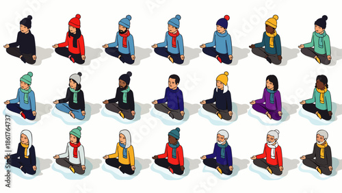 Diverse people in winter clothing meditating in lotus pose on clouds, isometric illustration