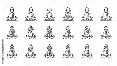 Collection of Diverse People Meditating in Lotus Pose, Yoga, Mindfulness, Zen, Wellness Icons