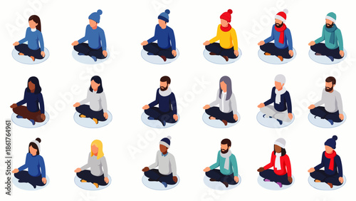Diverse group of people meditating in winter hats and warm clothes, isometric view