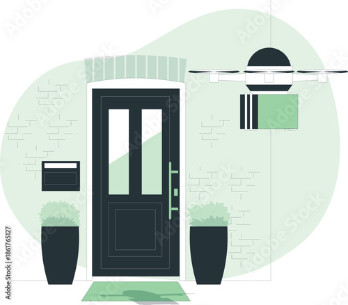 A serene entrance with a dark green door and potted plants, viewed from outside.