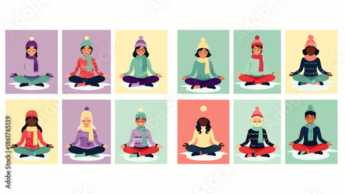 Diverse people in winter clothing meditating in a peaceful, serene, and calm yoga pose, promoting wellness and mindfulness.