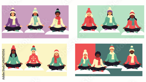 Diverse women in winter clothing practicing yoga and meditation outdoors on snow
