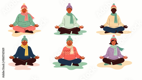 Diverse people meditating outdoors in winter clothing, promoting mindfulness and well-being