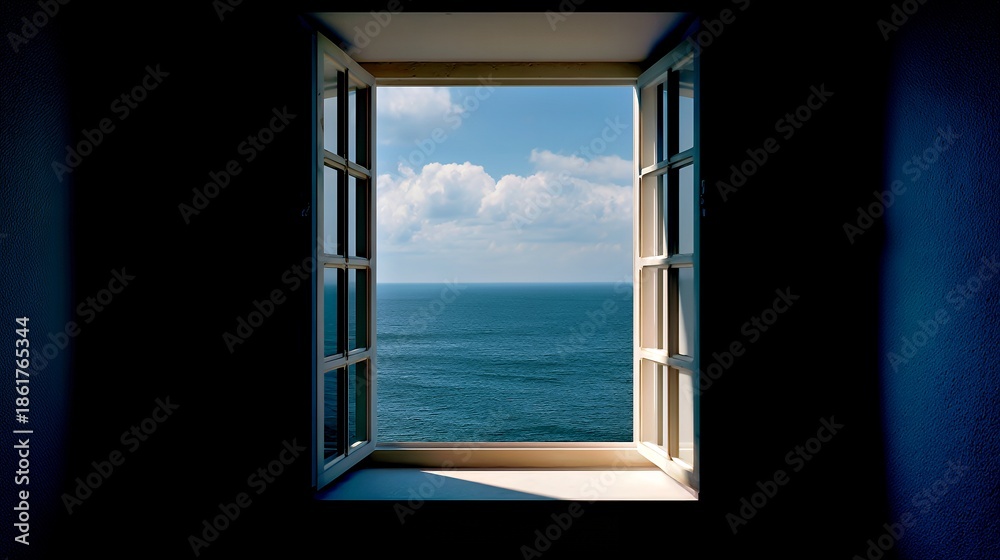 Fototapeta premium Open Window View: Azure Sky, Clouds, and Endless Ocean Horizon