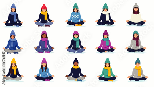 Diverse people in winter hats and scarves meditating in snow, promoting peace and mindfulness