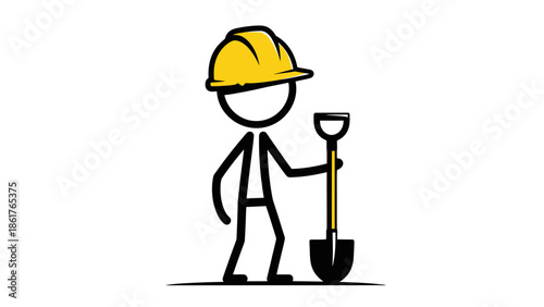 Stick figure construction worker wearing a hard hat and holding a shovel, representing labor and building on an isolated white background.