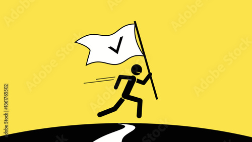 Determined stick figure running uphill with a checkered flag, symbolizing achievement and success, on a yellow background.