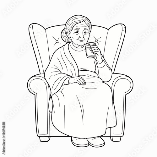Elderly woman sitting in armchair, wrapped in blanket, holding a cup, black and white line drawing