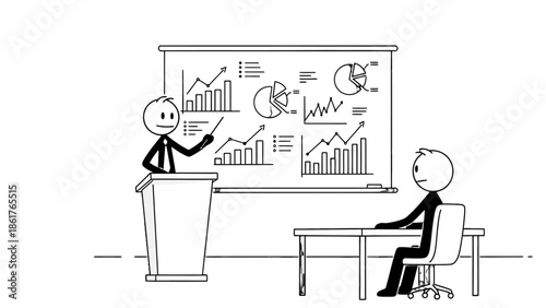 Businessman stick figure giving a presentation with charts and graphs on a whiteboard in a bright studio.