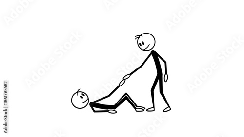 Empathetic Stickman Helping Fallen or Injured Stickman to Stand Up, Symbolizing Support, Teamwork, and Assistance, Isolated White Background.
