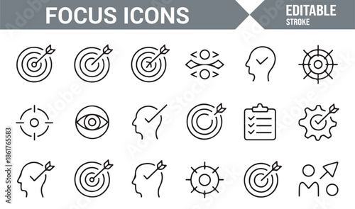 Focus outline icons set for concentration and productivity