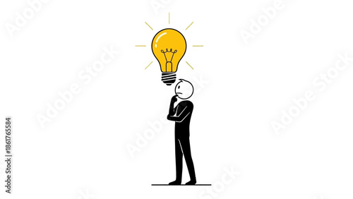 Thoughtful stick figure standing with a glowing lightbulb above head, symbolizing a new idea or inspiration, on an isolated white background.