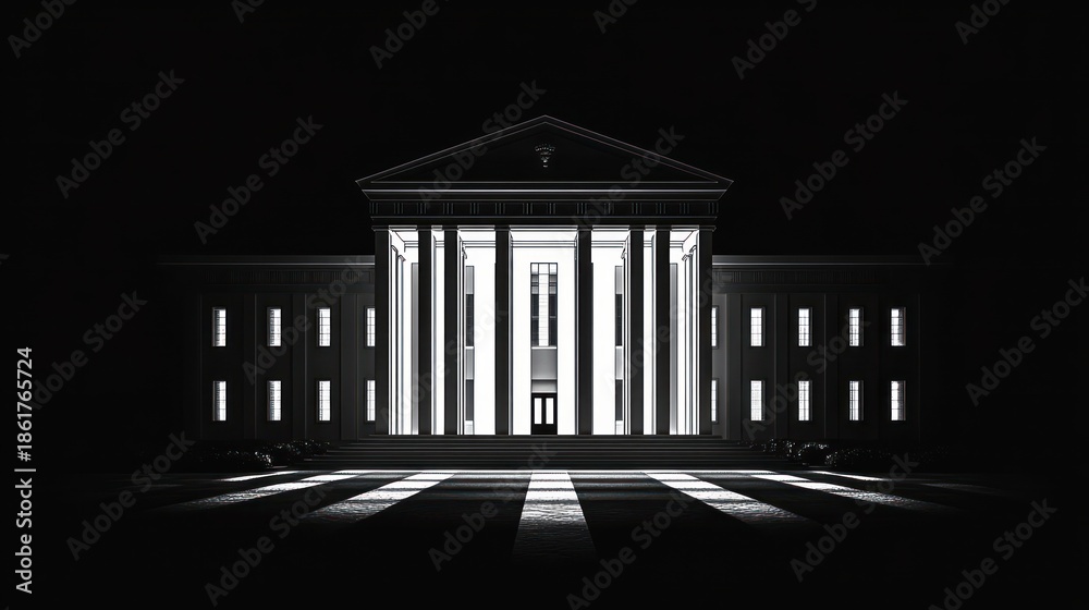Fototapeta premium Grand neoclassical building with tall columns and lit portico at night, dramatic high-contrast lighting and empty striped pathway conveying a solemn, mysterious mood