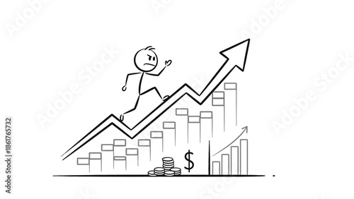 Determined stick figure person climbing an upward trending graph with money and bar charts, symbolizing financial growth and success, isolated white background.