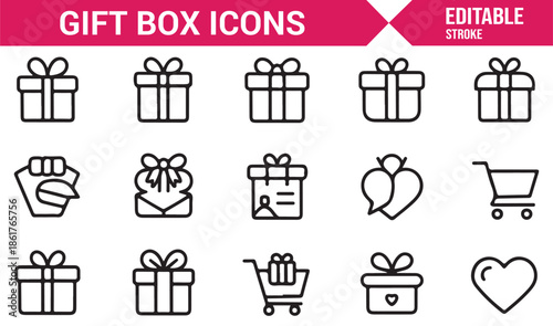 Retail and ecommerce gift package line icons