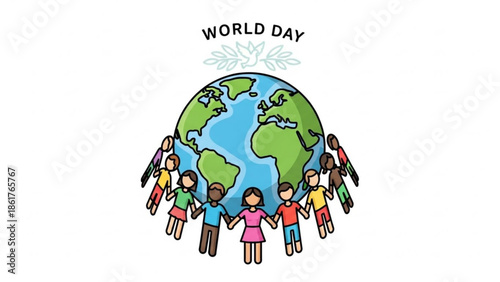 Diverse group of people holding hands around the earth on world day, symbolizing unity and global connection