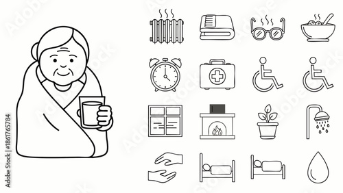 Elderly woman wrapped in a blanket with a cup, surrounded by icons representing care and comfort.