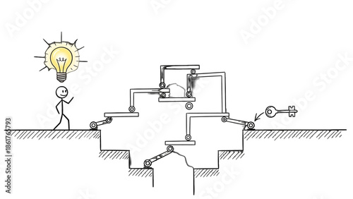Stick figure person with an idea lightbulb navigating a complex mechanism, representing problem-solving and innovation, isolated white background.