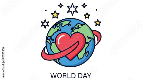 Earth with heart wrapped around it, surrounded by stars, symbolizing love and care for the planet on world day