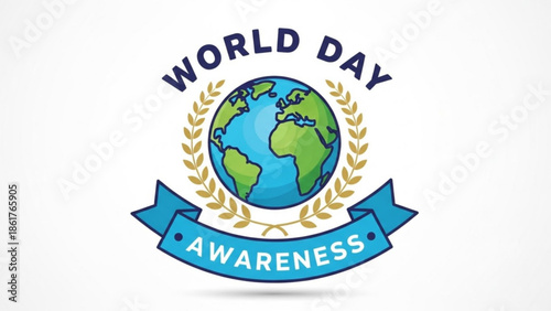 World day awareness earth globe icon with laurel wreath and blue ribbon on white background