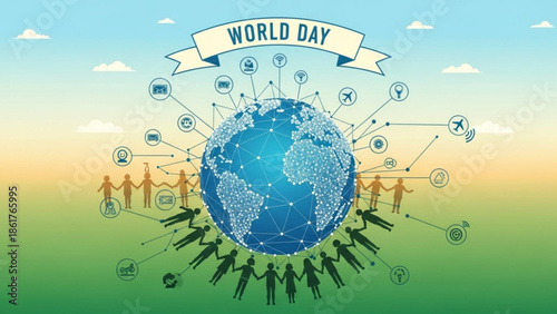Global community coming together on world day with interconnected icons and silhouettes of people holding hands around the earth