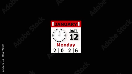 January 12, 2026 Calendar icon and clock animation . Monday date 4k video on black background.