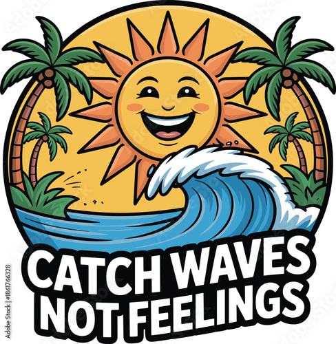 Happy Sun Waving with Palm Trees and Ocean Waves smiling