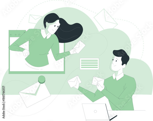 Colleagues exchanging letters in a modern office setting with a subtle green aesthetic