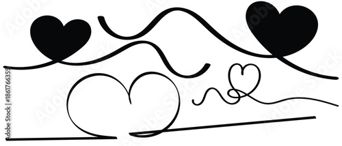 Heart line drawing ribbon in vector doodle sketch. Wedding, Valentine day love heart scribble line . Love heart vector, continuous one line drawing. Vector illustration. Heart border, divider set.