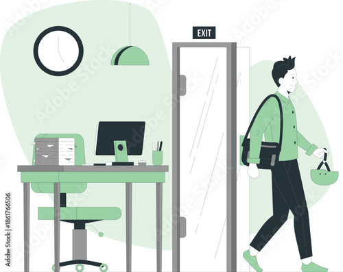 A man exits an office with a desk and computer, carrying a bag and briefcase, walking through a door with an exit sign.