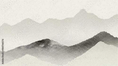 Halftone mountain range landscape with hills and peaks in gray tones on white background