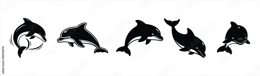 Fototapeta premium Graceful ocean mammals dynamic set of five jumping and swimming dolphin silhouettes